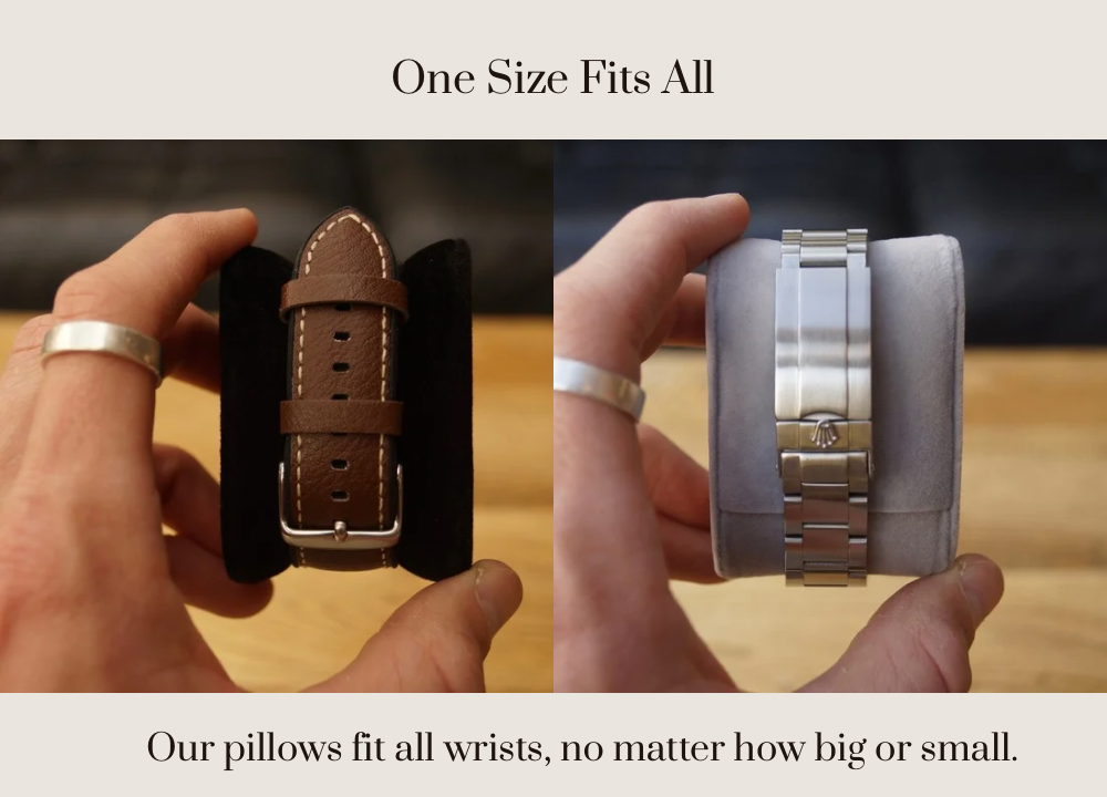 Feature image for the LDN III men's 3-slot watch box by Transform, showing two watch pillows holding watches. One pillow is adjusted for a small wrist size and the other for a large wrist size. Text overlay above reads 'One Size Fits All' and below reads 'Our pillows fit all wrists, no matter how big or small.