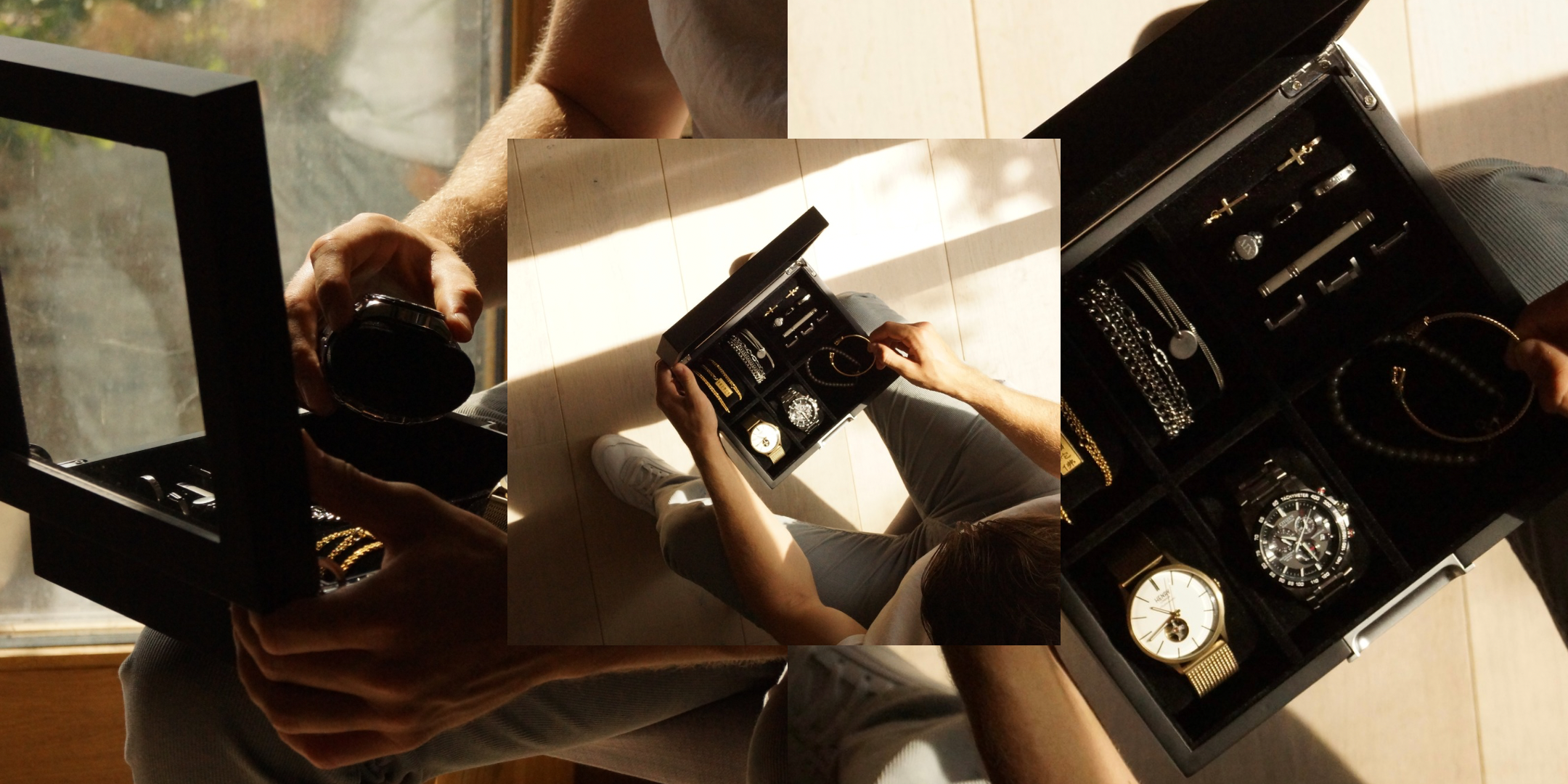 Landscape composite lifestyle image of the LDN IV men’s 4-slot black watch box by Transform, shown open and filled with watches, necklaces, rings and bracelets from three different angles.