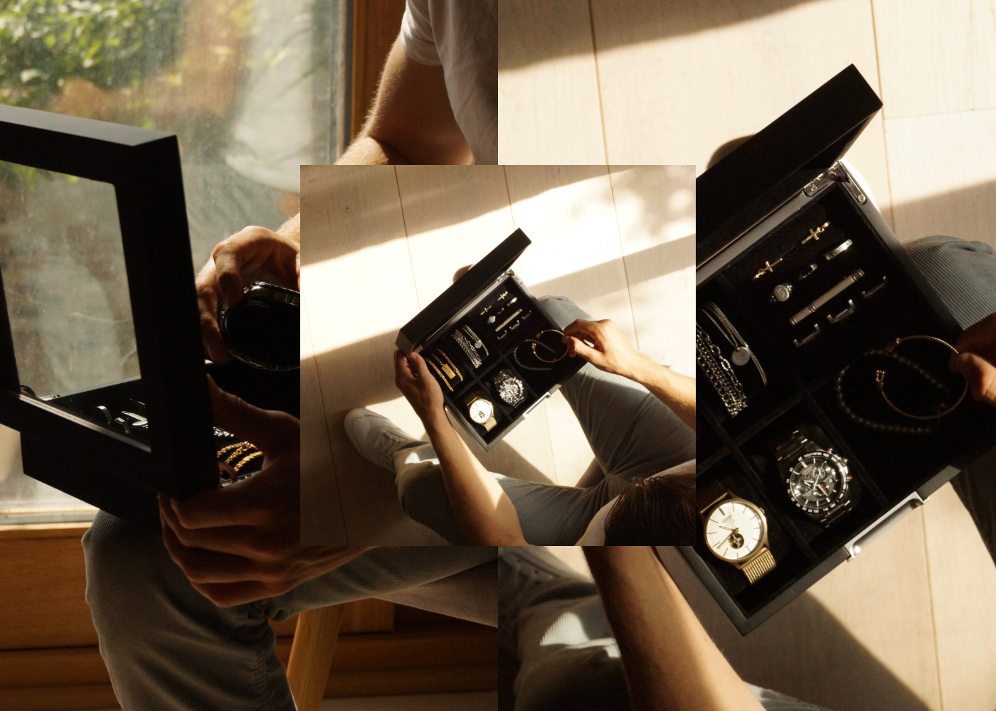 Composite lifestyle image of the LDN IV men’s 4-slot black watch box by Transform, shown open and filled with watches, necklaces, rings and bracelets from three different angles.