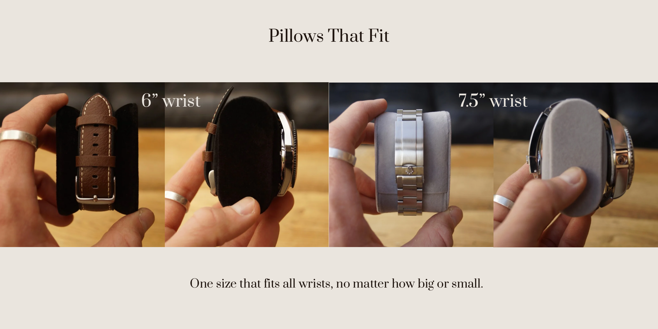 Landscape feature image for the LDN IV men's 4-slot watch and jewellery box by Transform, showing two watch pillows holding watches. One pillow is adjusted for a small wrist size and the other for a large wrist size. Text overlay above reads 'Pillows that fit' and below reads 'One size that fits all wrists, no matter how big or small.