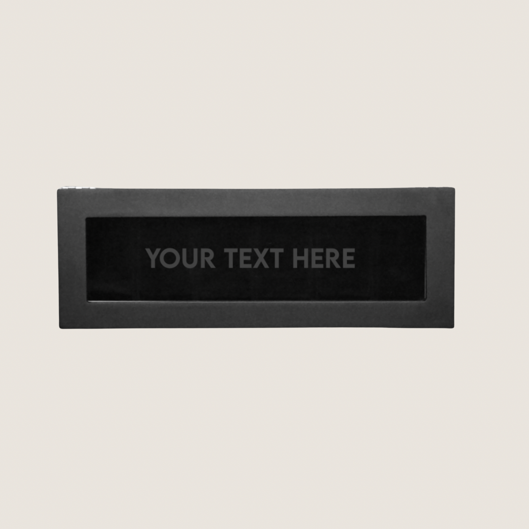 Bird’s-eye view of the LDN VI men’s 6-slot black watch box by Transform with the lid closed, showing the personalisation option with the words ‘Your text here’ etched onto the glass lid.