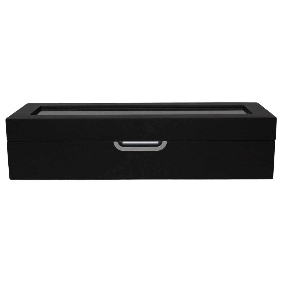 Front view of the LDN VI men’s 6-slot black watch box by Transform, shown closed on a plain background.