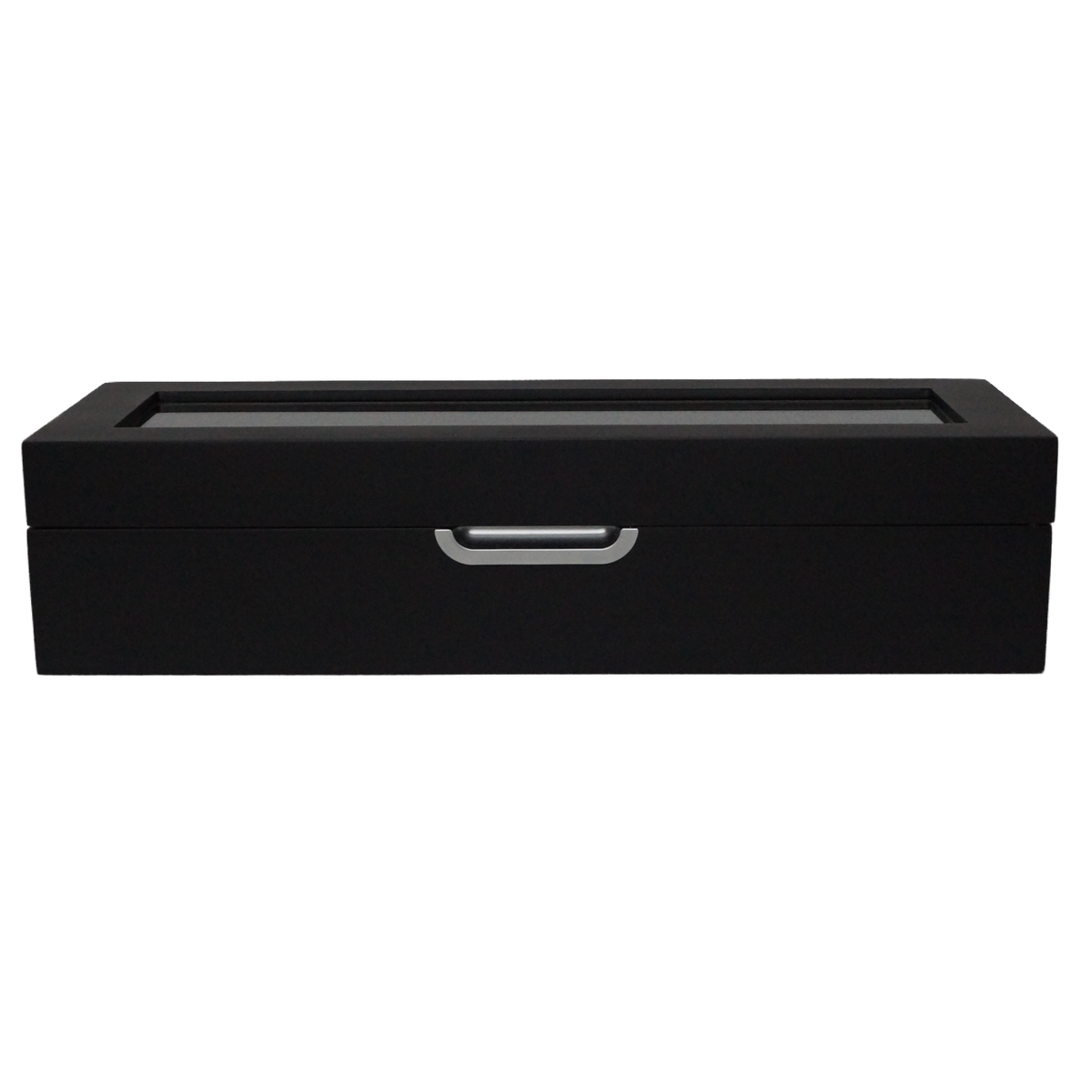 Front view of the LDN VI men’s 6-slot black watch box by Transform with the lid closed.