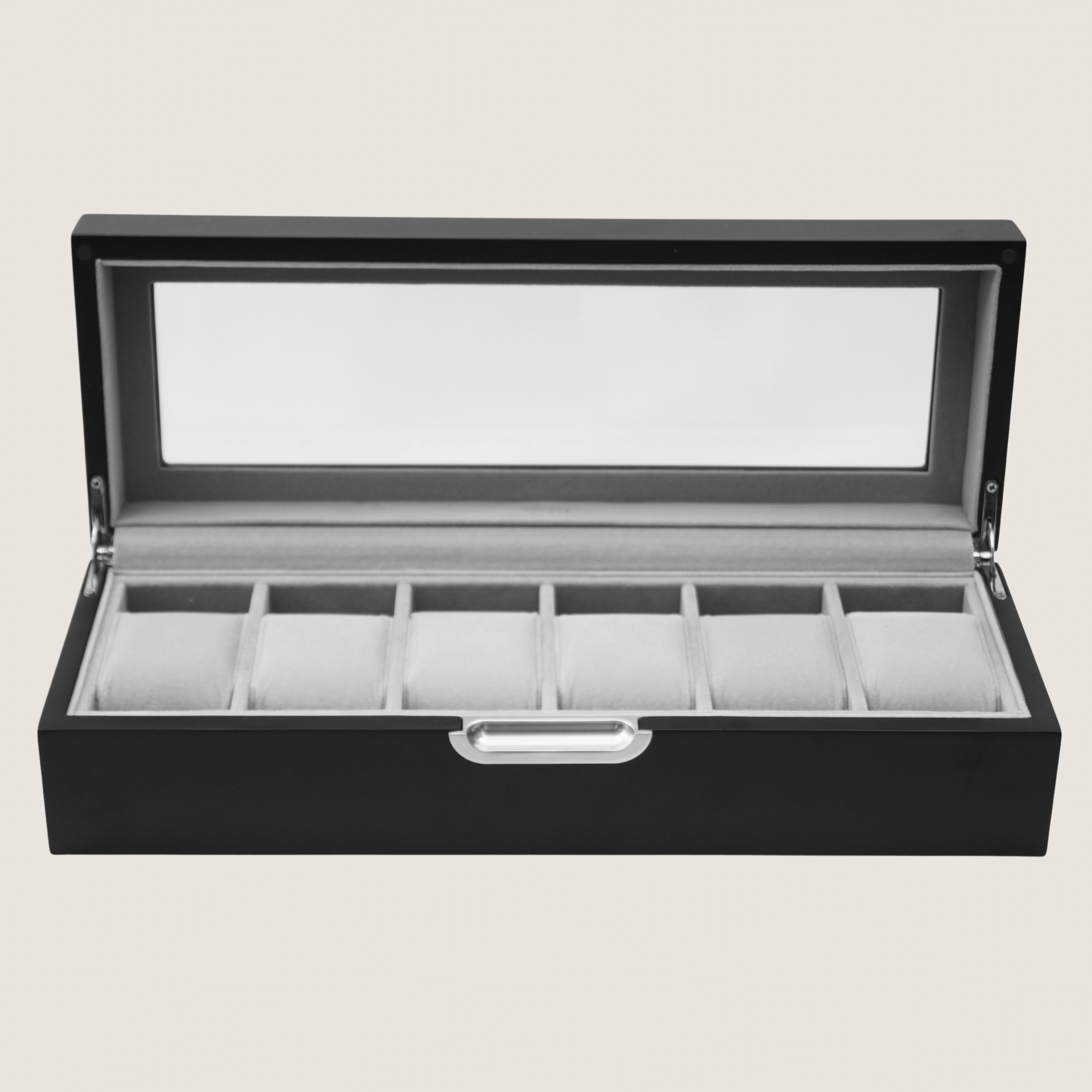A black watch display box with an open lid and a clear glass window, showing a light grey interior with six watch slots.