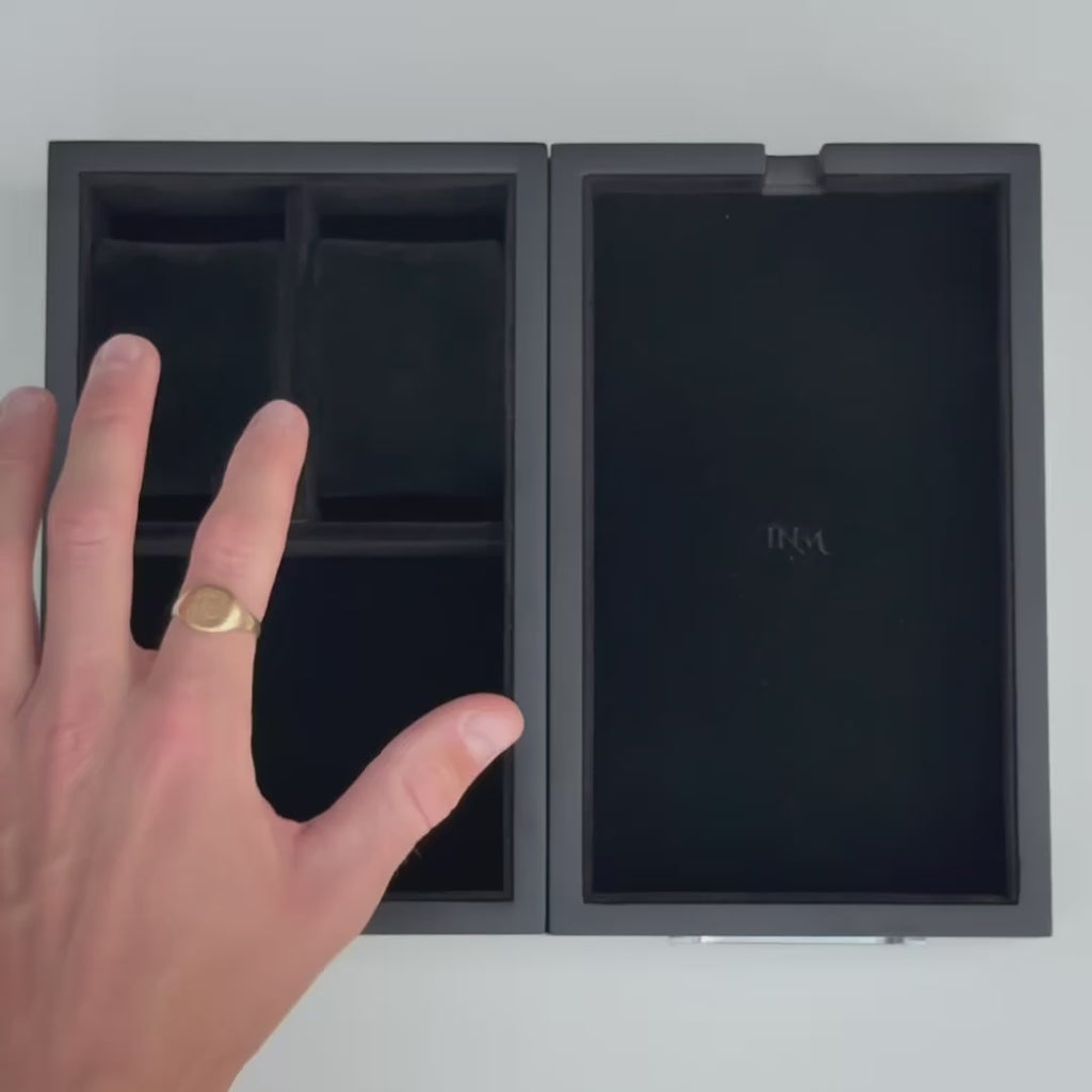 Video showing a person organising their watches, jewellery and daily essentials inside the LDN II bedside organiser.