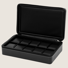An open black carbon fiber textured zippered 10-slot watch case shown on a plain light beige background.
